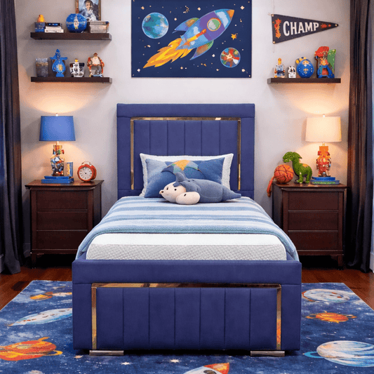 Imperial Splendor 3ft single bed with storage options in blue with a gold mirrored border