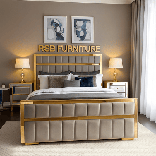 Majestic Gold Trim Upholstered Bed Frame - Rsb furniture ltdMajestic Gold Trim Upholstered Bed Frame