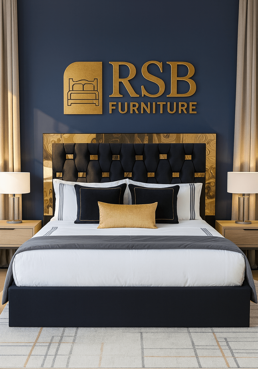 Windsor Bed Frame – Luxury Upholstered Bed with Mirrored Headboard Trim - Rsb furniture ltdWindsor Bed Frame – Luxury Upholstered Bed with Mirrored Headboard Trim