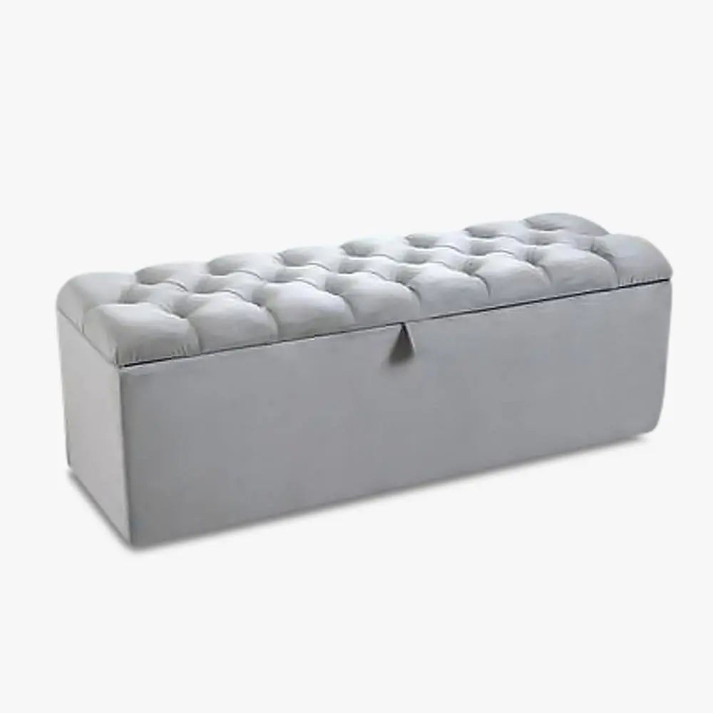 Light-grey Vianca ottoman storage box with a deep-buttoned cushioned lid
