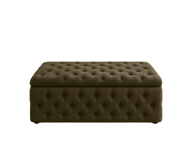 Brown tufted ottoman on a beige rug with RSB Furniture logo in the corner.