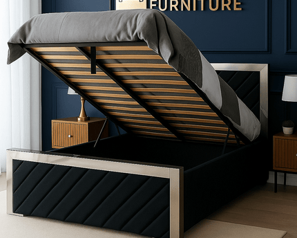 Verona Lift - Up Storage Bed – Luxury Upholstered Bed Frame with Mirrored Trim - Rsb furniture ltdVerona Lift - Up Storage Bed – Luxury Upholstered Bed Frame with Mirrored Trim