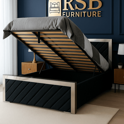 Verona Lift - Up Storage Bed – Luxury Upholstered Bed Frame with Mirrored Trim - Rsb furniture ltdVerona Lift - Up Storage Bed – Luxury Upholstered Bed Frame with Mirrored Trim