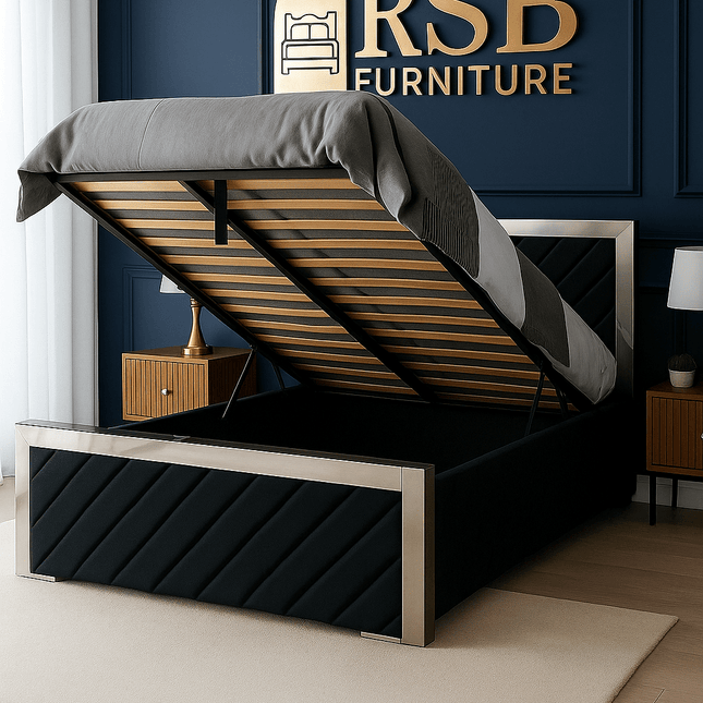 Verona Lift - Up Storage Bed – Luxury Upholstered Bed Frame with Mirrored Trim - Rsb furniture ltdVerona Lift - Up Storage Bed – Luxury Upholstered Bed Frame with Mirrored Trim