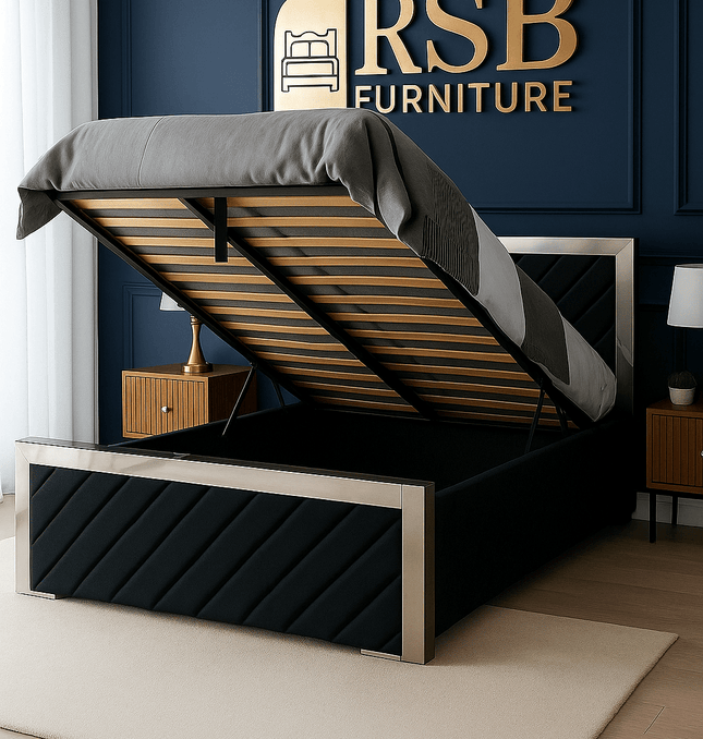 Verona Lift - Up Storage Bed – Luxury Upholstered Bed Frame with Mirrored Trim - Rsb furniture ltdVerona Lift - Up Storage Bed – Luxury Upholstered Bed Frame with Mirrored Trim