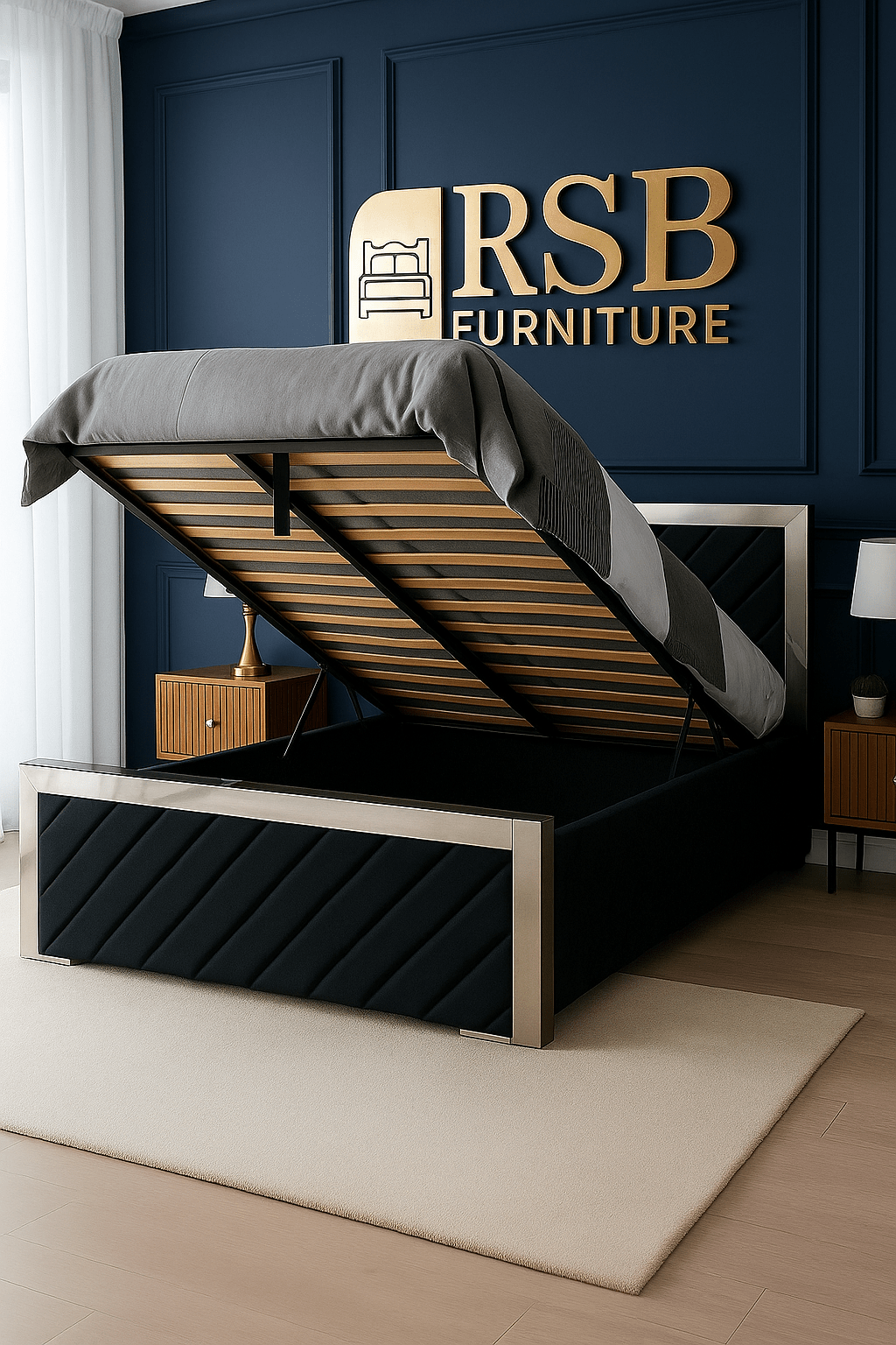 Verona Lift - Up Storage Bed – Luxury Upholstered Bed Frame with Mirrored Trim - Rsb furniture ltdVerona Lift - Up Storage Bed – Luxury Upholstered Bed Frame with Mirrored Trim