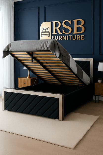 Verona Lift - Up Storage Bed – Luxury Upholstered Bed Frame with Mirrored Trim - Rsb furniture ltdVerona Lift - Up Storage Bed – Luxury Upholstered Bed Frame with Mirrored Trim