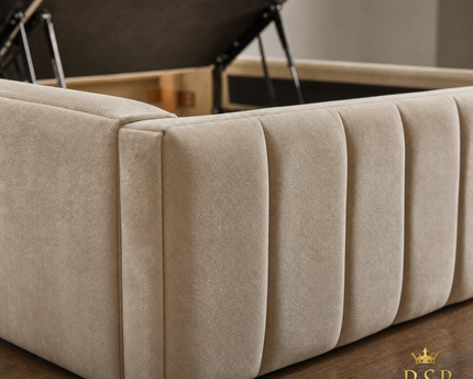 Close-up of vertical panel stitching detail on plush velvet divan ottoman bed base – RSB Furniture