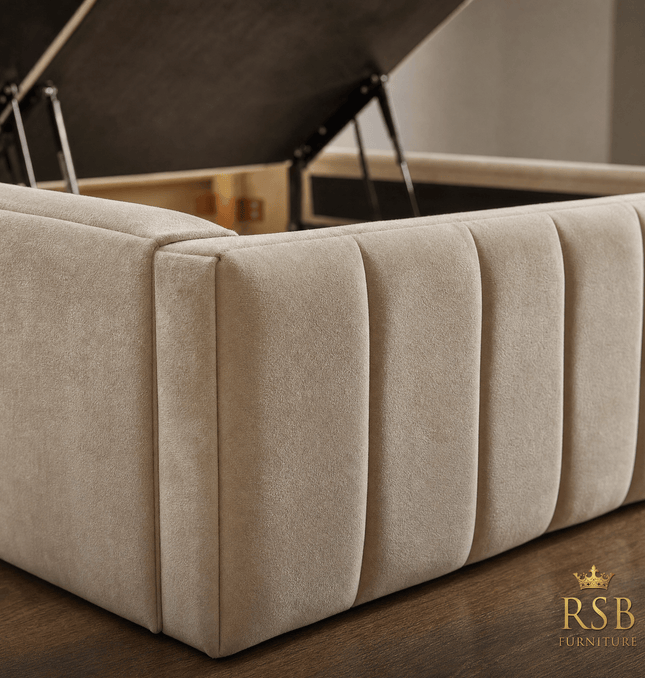 Close-up of vertical panel stitching detail on plush velvet divan ottoman bed base – RSB Furniture