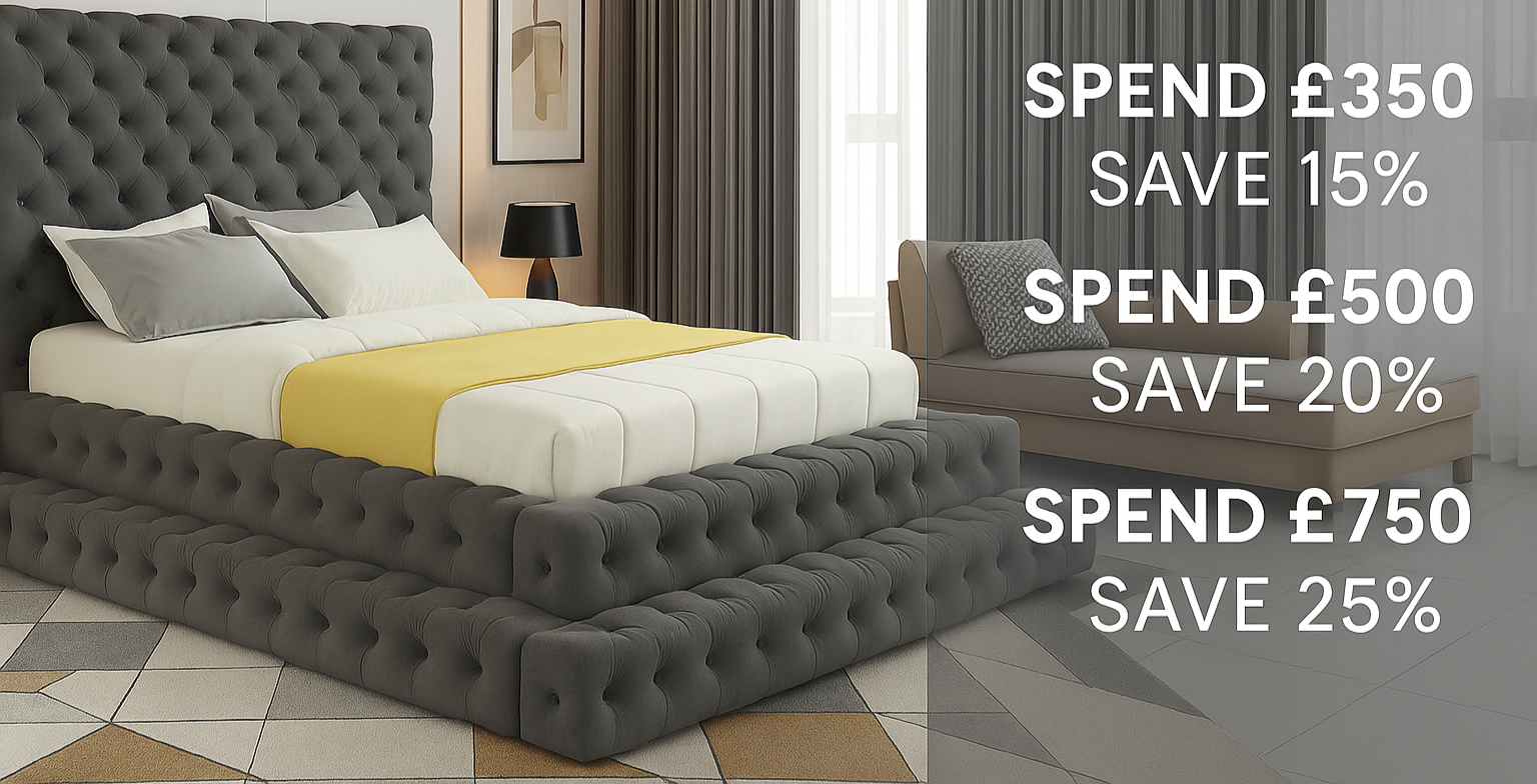 Gray tufted bed with yellow blanket in a bedroom setting, featuring RSB Furniture branding and promotional text.