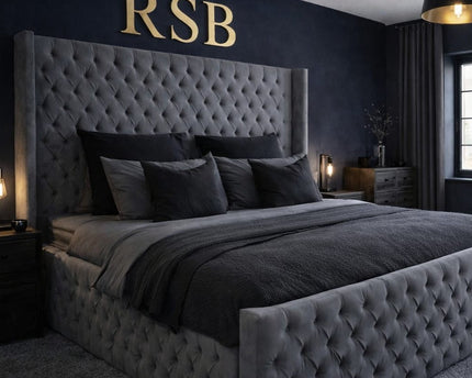 Luxury Grey Velvet Bed Frame With Winged Headboard - Rsb furnitureLuxury Grey Velvet Bed Frame With Winged Headboard