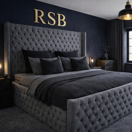 Luxury Grey Velvet Bed Frame With Winged Headboard - Rsb furnitureLuxury Grey Velvet Bed Frame With Winged Headboard