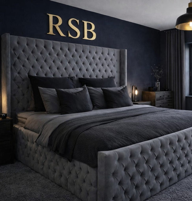 Luxury Grey Velvet Bed Frame With Winged Headboard - Rsb furnitureLuxury Grey Velvet Bed Frame With Winged Headboard