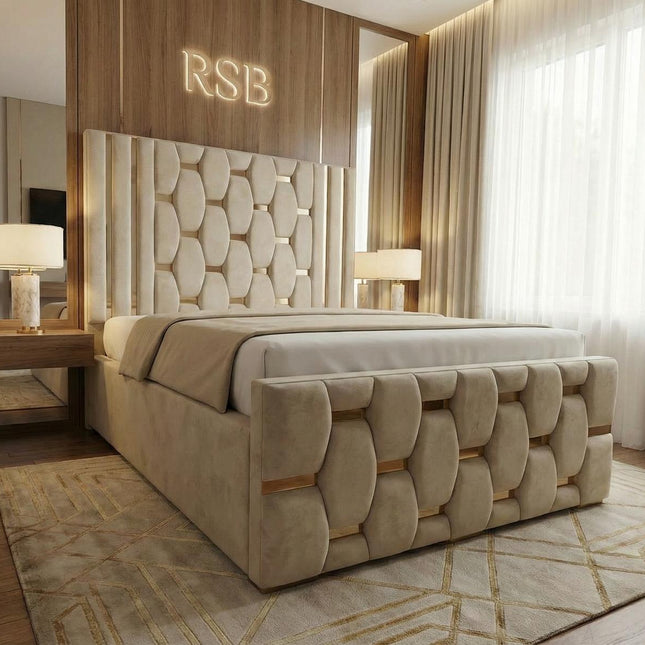 Luxury Upholstered Bed Frame – Modern Designer Bed with Statement Headboard - Rsb furnitureLuxury Upholstered Bed Frame – Modern Designer Bed with Statement Headboard
