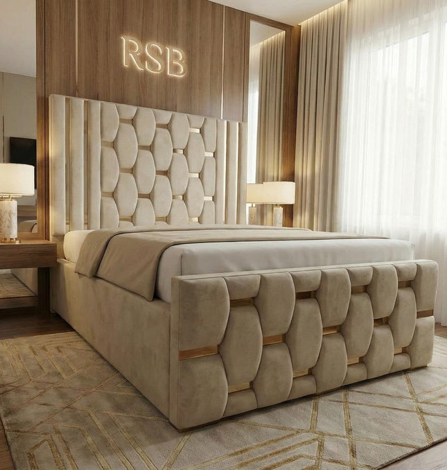 Luxury Upholstered Bed Frame – Modern Designer Bed with Statement Headboard - Rsb furnitureLuxury Upholstered Bed Frame – Modern Designer Bed with Statement Headboard