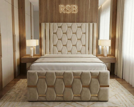 Luxury Upholstered Bed Frame – Modern Designer Bed with Statement Headboard - Rsb furnitureLuxury Upholstered Bed Frame – Modern Designer Bed with Statement Headboard