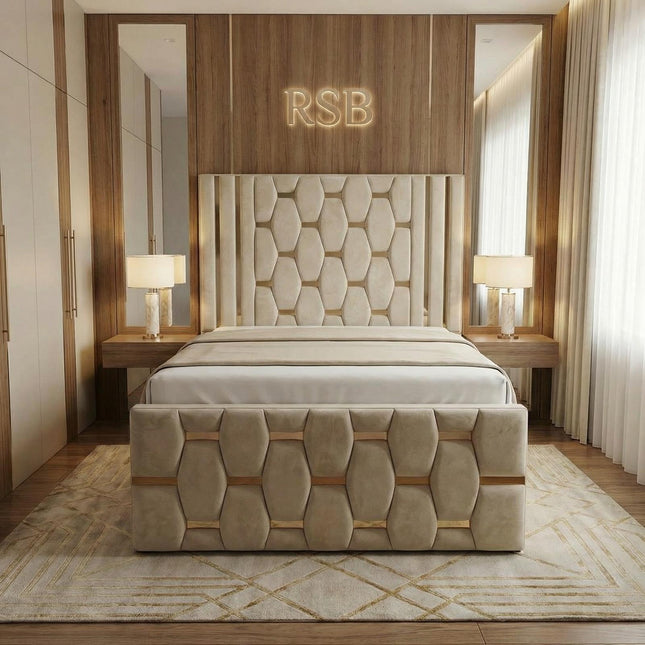 Luxury Upholstered Bed Frame – Modern Designer Bed with Statement Headboard - Rsb furnitureLuxury Upholstered Bed Frame – Modern Designer Bed with Statement Headboard