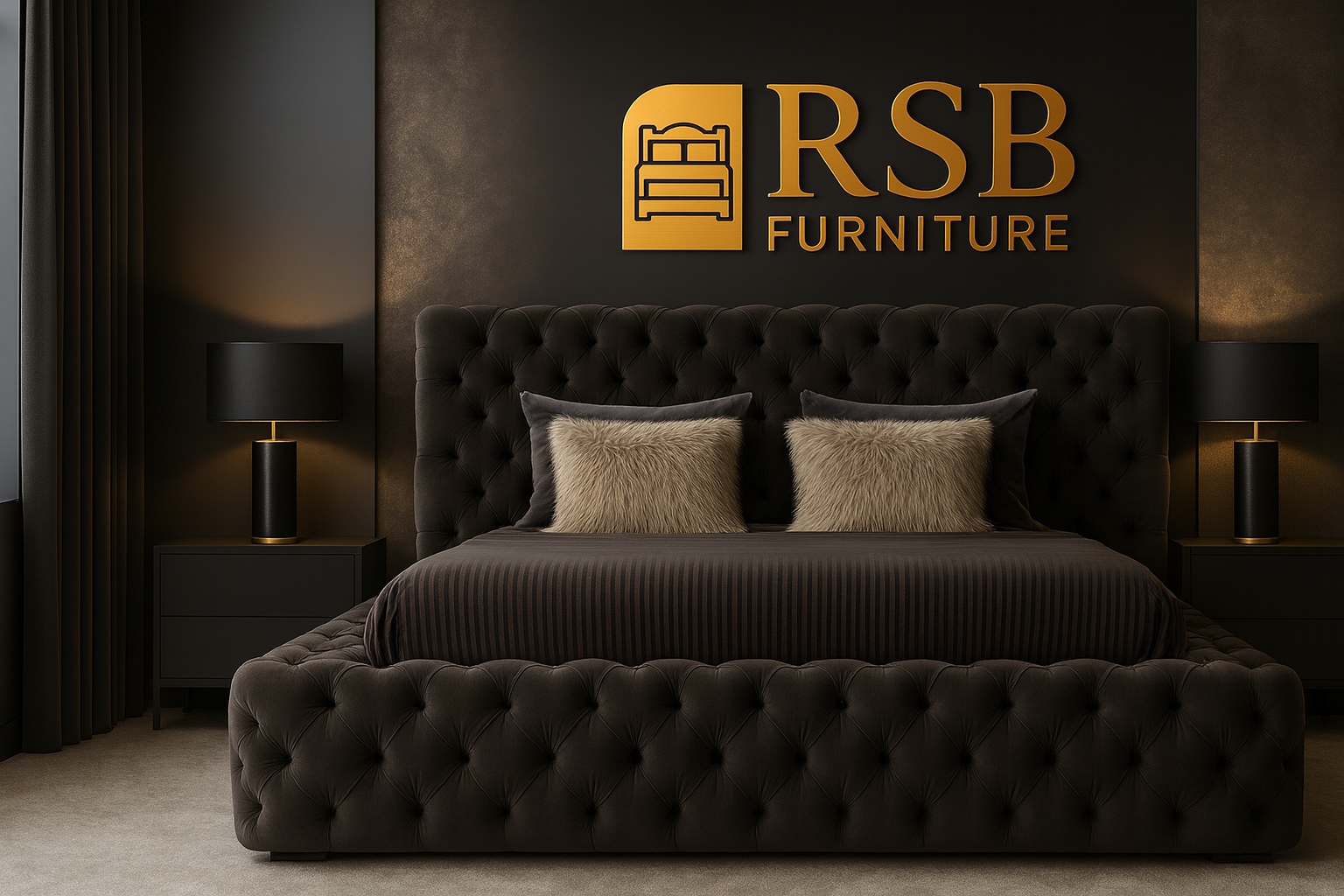 Dark upholstered bed with tufted headboard and footboard in a bedroom setting, featuring RSB Furniture logo.
