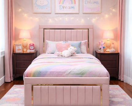 Imperial Splendor 4ft small double Bed in pink with gold mirrored trim and storage options