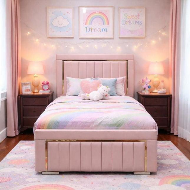 Imperial Splendor 4ft small double Bed in pink with gold mirrored trim and storage options