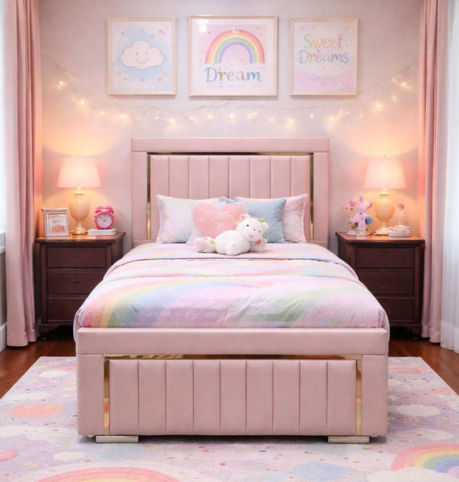 Imperial Splendor 4ft small double Bed in pink with gold mirrored trim and storage options