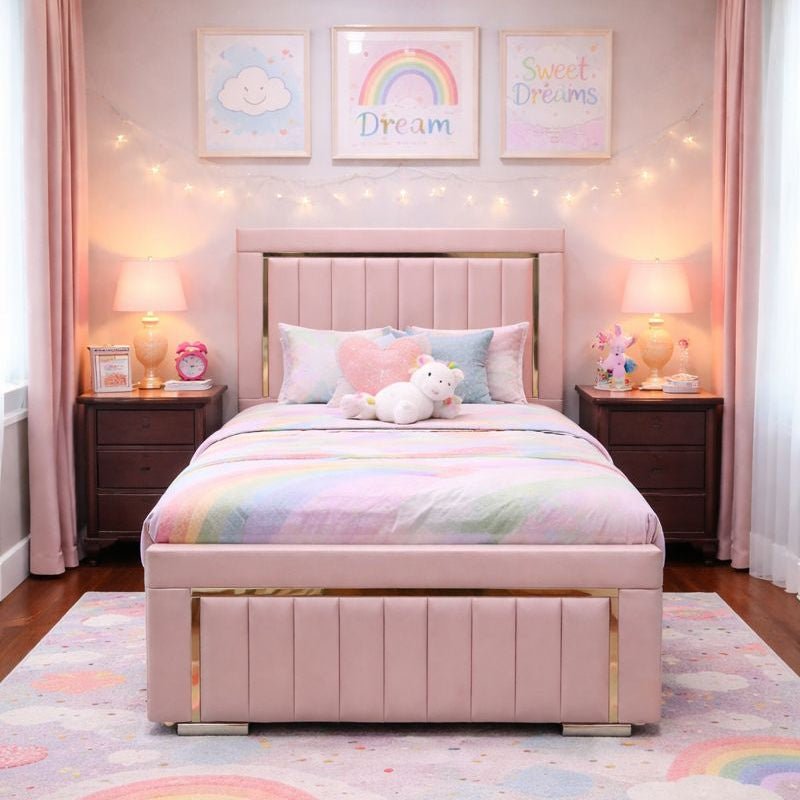 Imperial Splendor 4ft small double Bed in pink with gold mirrored trim and storage options