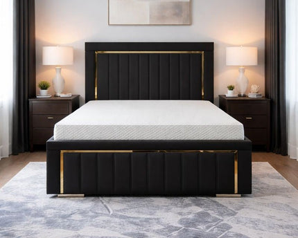 Imperial Splendor Double Bed Frame – Black plush in colour with a gold mirrored border.