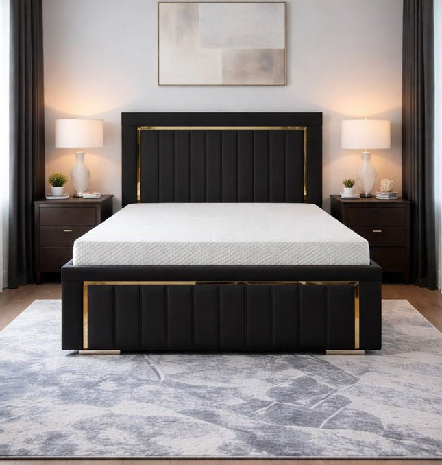 Imperial Splendor Double Bed Frame – Black plush in colour with a gold mirrored border.