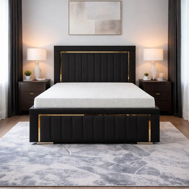 Imperial Splendor Double Bed Frame – Black plush in colour with a gold mirrored border.