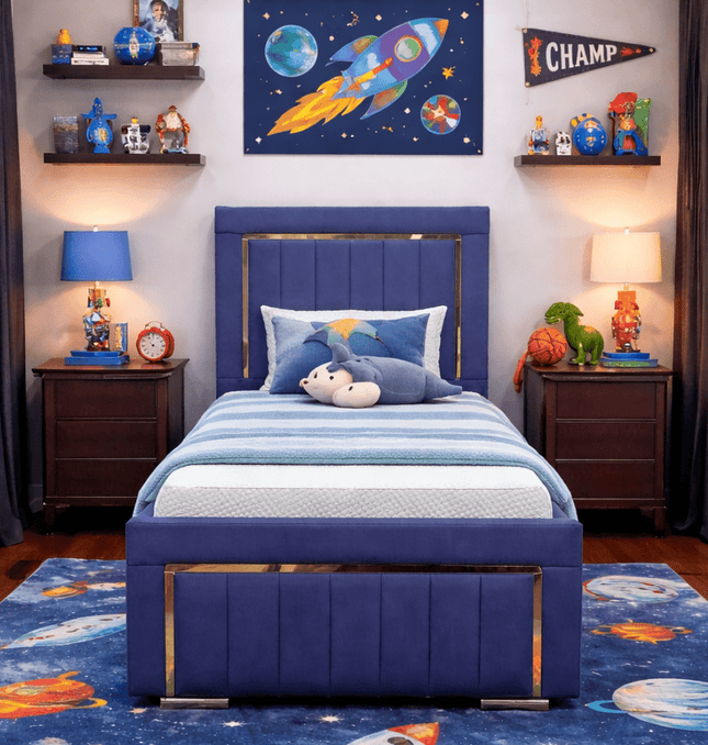 Imperial Splendor 3ft single bed with storage options in blue with a gold mirrored border