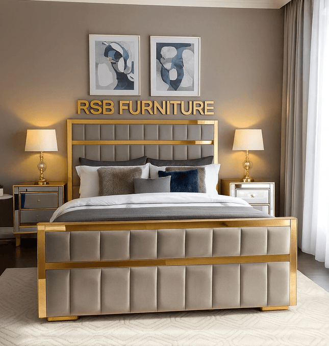 Majestic Gold Trim Upholstered Bed Frame - Rsb furniture ltdMajestic Gold Trim Upholstered Bed Frame