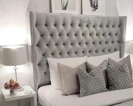 Majesty Manor wingback Bed With Storage Options in plush velvet grey