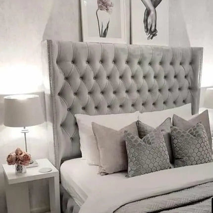 Majesty Manor wingback Bed With Storage Options in plush velvet grey