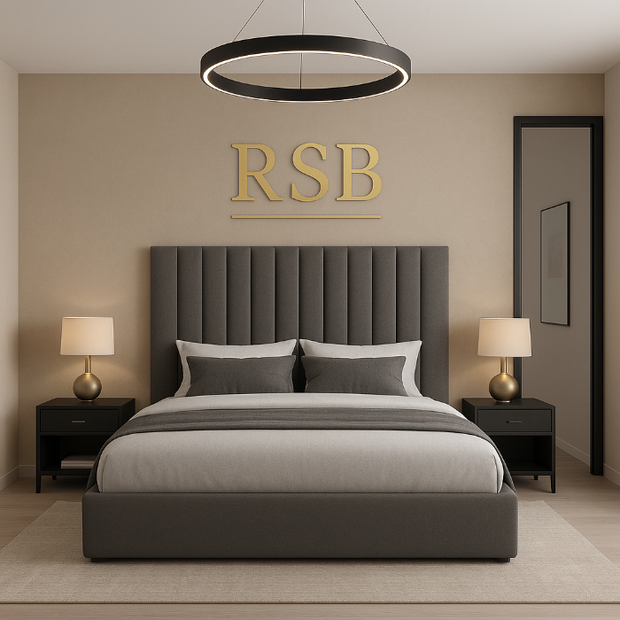 Grey bed with a panel designed headboard - collection image