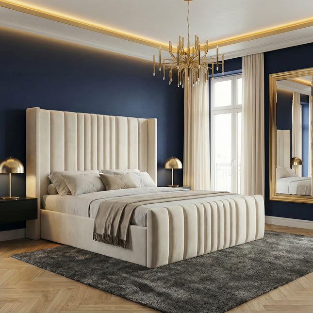 Luxury Upholstered Panel Bed with High Headboard and Storage Options - Rsb furnitureLuxury Upholstered Panel Bed with High Headboard and Storage Options