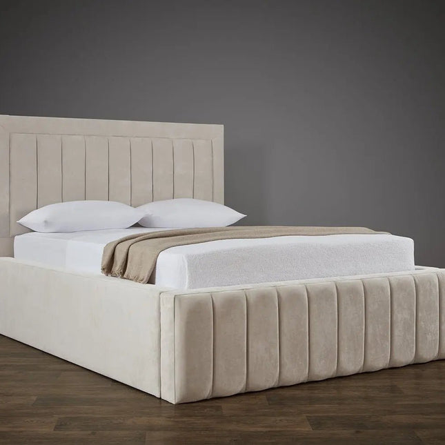 The Amor Lux Panel Bed With a Tall Bed Frame in cream