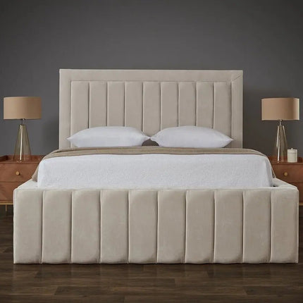 The Amor Lux Panel Bed With a Tall Bed Frame front view