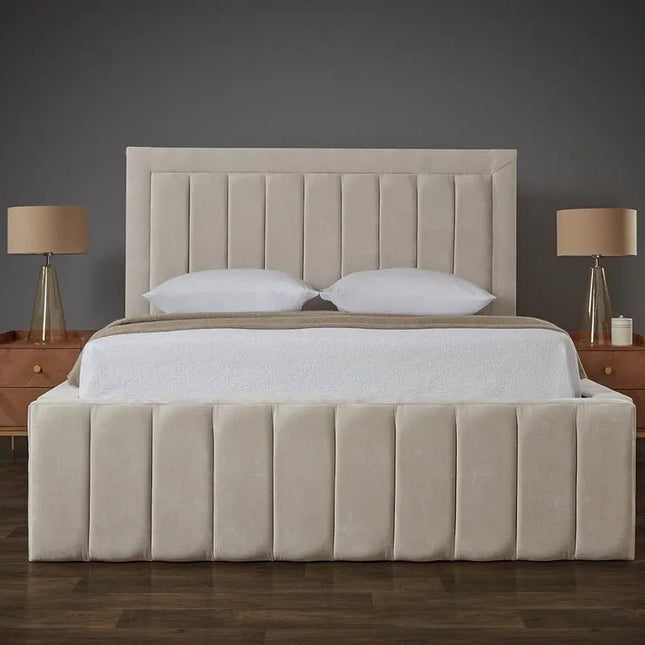 The Amor Lux Panel Bed With a Tall Bed Frame front view