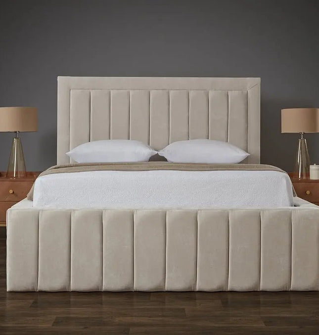 The Amor Lux Panel Bed With a Tall Bed Frame front view