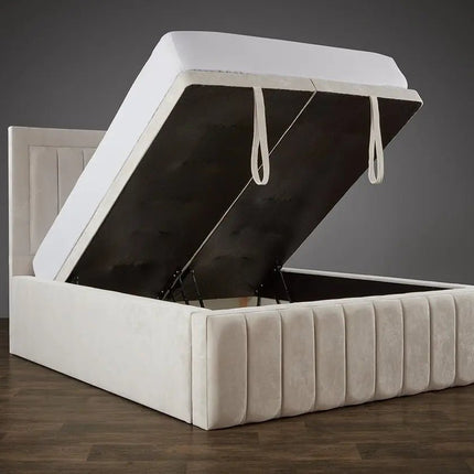 The Amor Lux Panel Bed With a Tall Bed Frame with divan ottoman storage