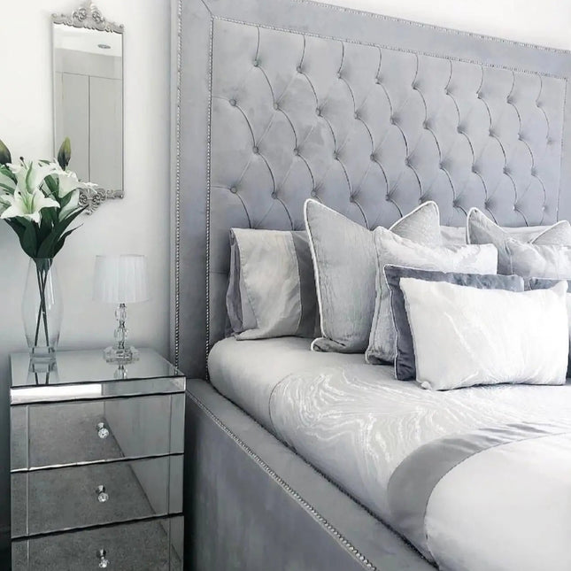 The supreme high lux bed with 18" high frame side view grey in colour
