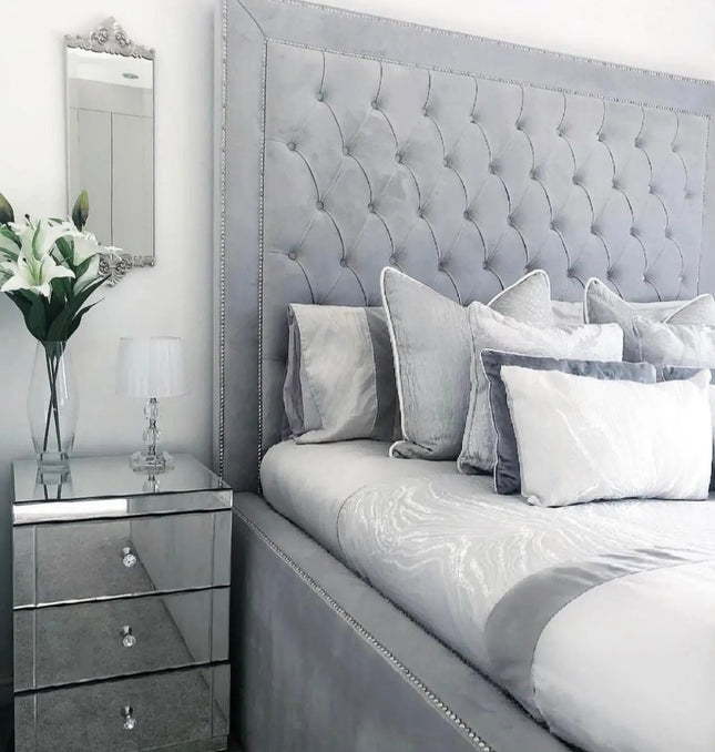 The supreme high lux bed with 18" high frame side view grey in colour