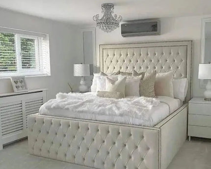 The supreme high lux bed with 18" high frame front view in cream