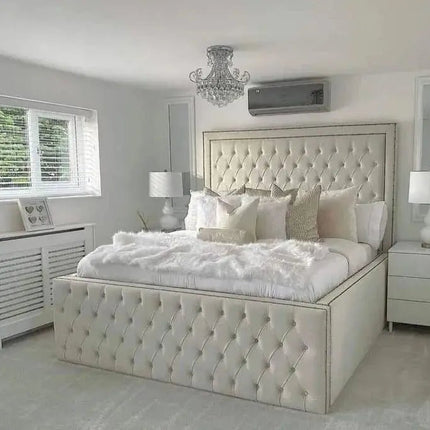 The supreme high lux bed with 18" high frame front view in cream
