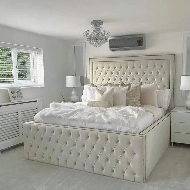 The supreme high lux bed with 18" high frame front view in cream
