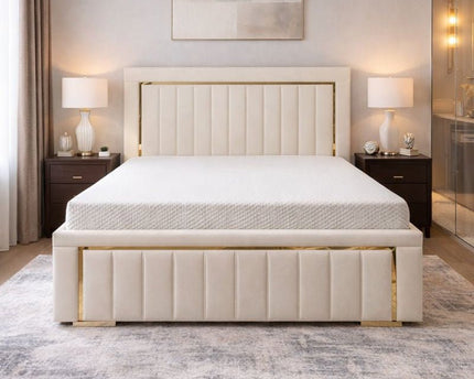 Imperial Splendor 5ft king-size cream bed frame with panelled velvet headboard and metallic trim in modern luxury bedroom
