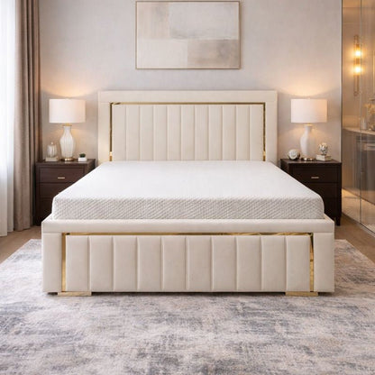 Imperial Splendor 5ft king-size cream bed frame with panelled velvet headboard and metallic trim in modern luxury bedroom