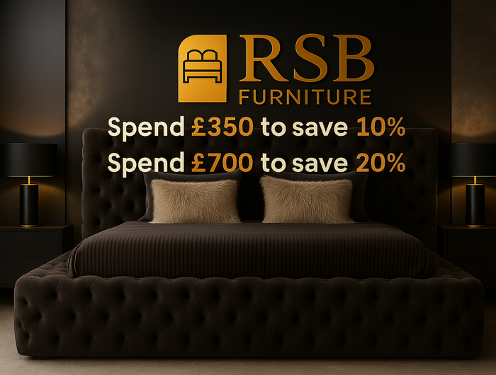 Dark upholstered bed with RSB Furniture promotional text in a bedroom setting