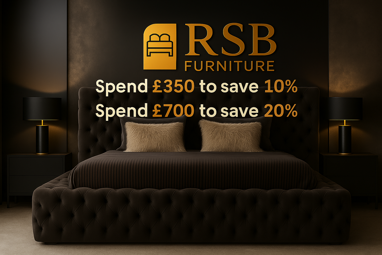 Dark upholstered bed with RSB Furniture promotional text in a bedroom setting