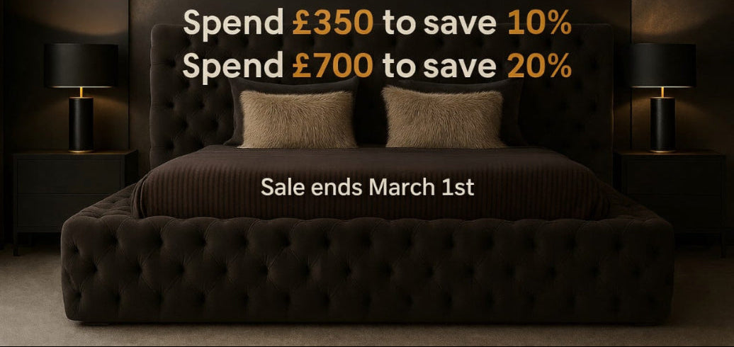 Sale banner with ambassador bed in the background 